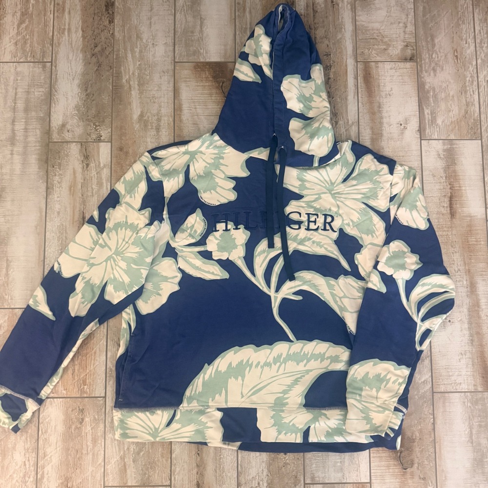 Tommy Hilfiger Mens XXXL Floral Hibiscus Hoodie Navy Blue Mint Green Sweatshirt